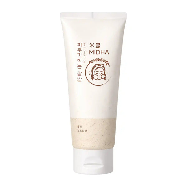 Espuma exfoliante de salvado de arroz MIDHA para cuidado facial, en envase de 150 ml, con textura cremosa y suave.