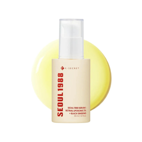 Sérum coreano K-SECRET Seoul 1988 con liposomas Reinal 2% y ginseng negro, envase de vidrio con gotero para cuidado de la piel
