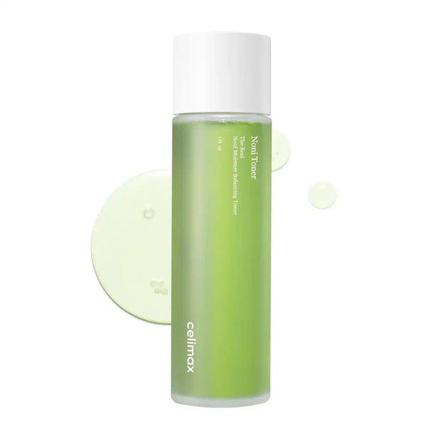 Tónico hidratante CELIMAX THE REAL NONI para cuidado de la piel coreano, en botella de 150 ml con líquido transparente.