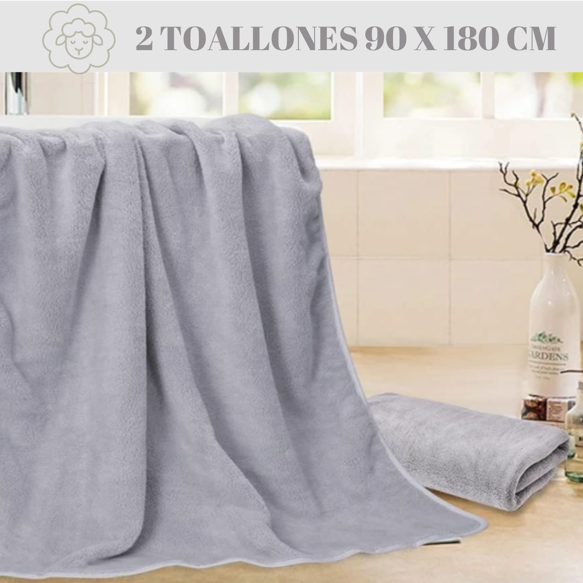Set 2 Toallas De BaƱo Grande Microfibra Gris Toallon 90x180cm