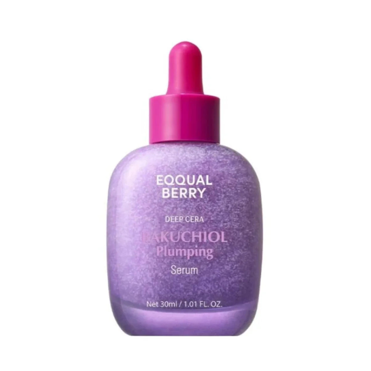 Ampolla de serum hidratante Eqqualberry Bakuchiol Plumping Serum de 30ml, frasco de vidrio con gotero, en envase transparente.