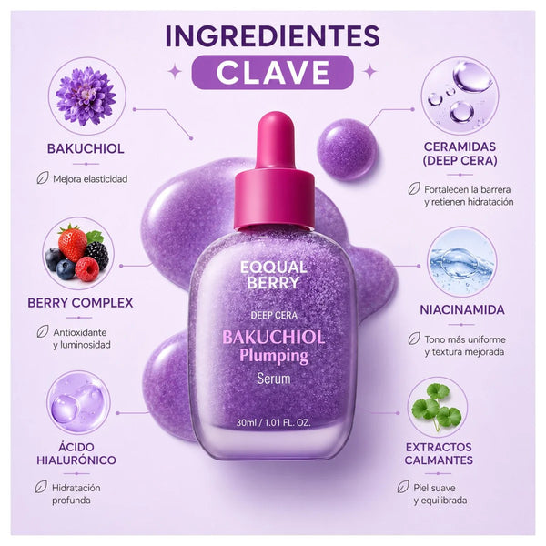 Suero hidratante de EQQUALBERRY con bakuchiol y ingredientes clave para una piel más firme y saludable, 30 ml.
