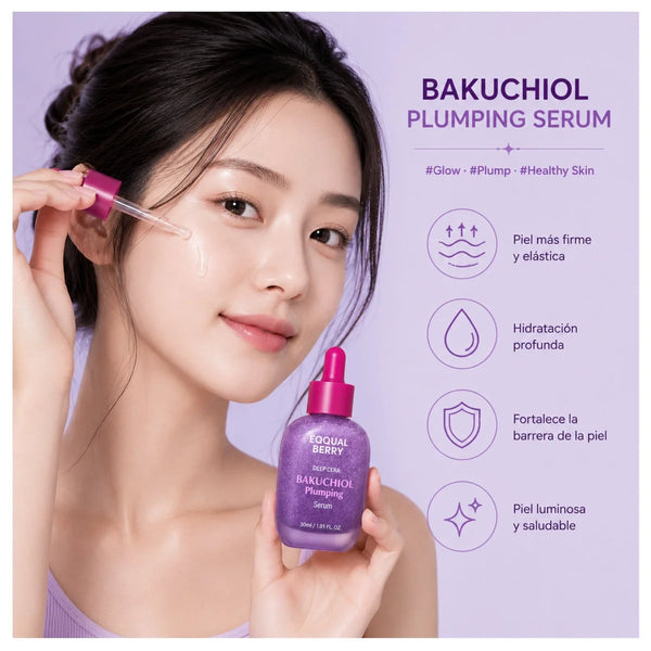 Suero facial Eqqualberry Bakuchiol de 30ml, con fórmula coreana para hidratación y firmeza de la piel, presentado con envase de 30ml.