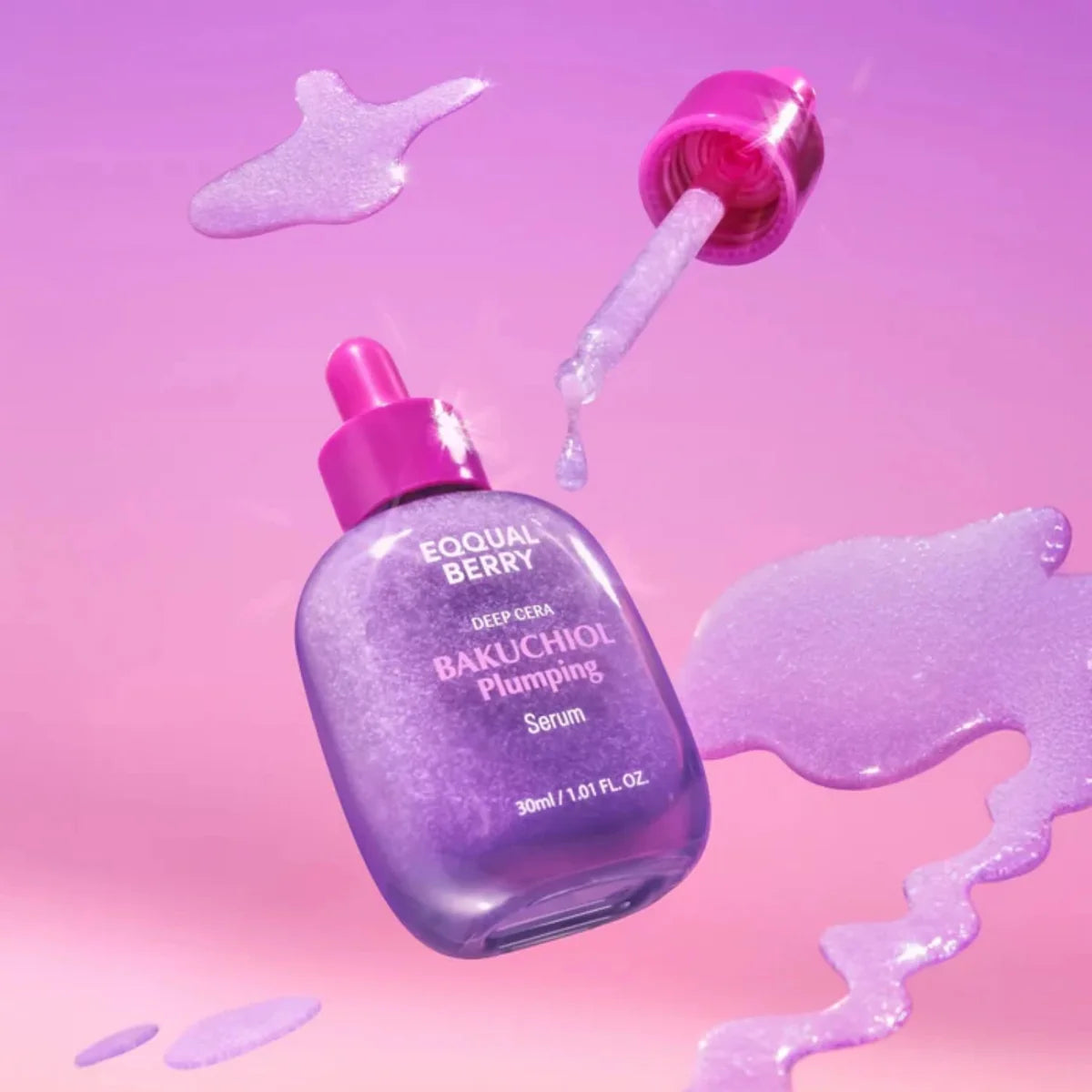 Serum hidratante de 30ml Eqqualberry Bakuchiol para reafirmar y rejuvenecer la piel, en frasco de vidrio con gotero.