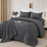 Set de cobertor Queen de 7 piezas en gris oscuro, de la marca Enigma Store, con mantas y fundas en la imagen.