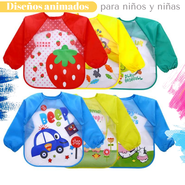 Pack 3 Baberos Con Manga Impermeable Bolsillo Niña Niño Bebe