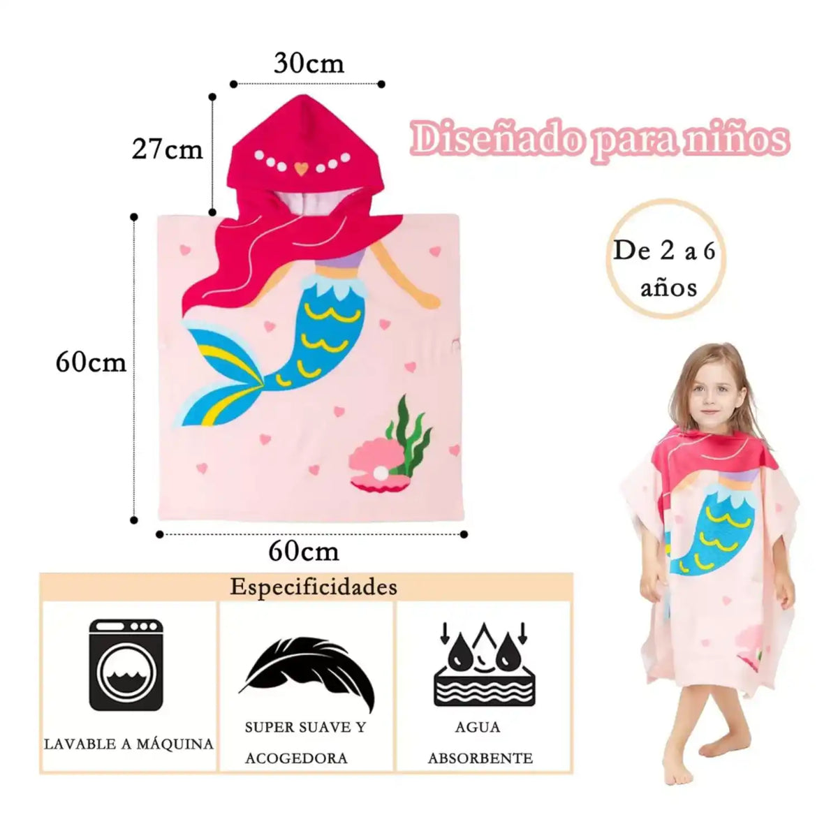 Toalla capucha de playa para niña en microfibra con diseño tipo poncho, ideal para secarse y mantenerse caliente después de nadar.