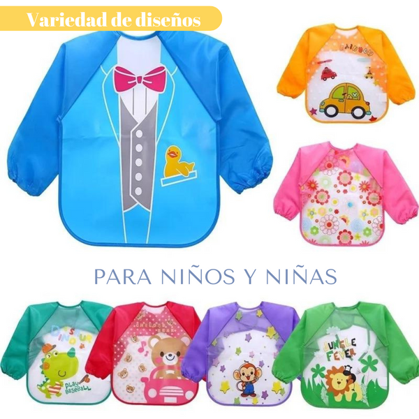 Pack 3 Baberos Con Manga Impermeable Bolsillo Niña Niño Bebe