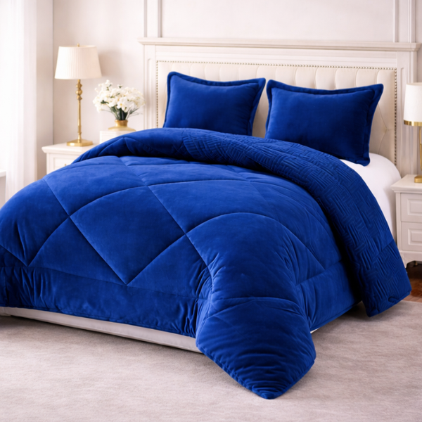 Cobertor azul y fundas premium de Enigma Store, vista de conjunto en imagen con textura suave y detalles de acabado elegante.
