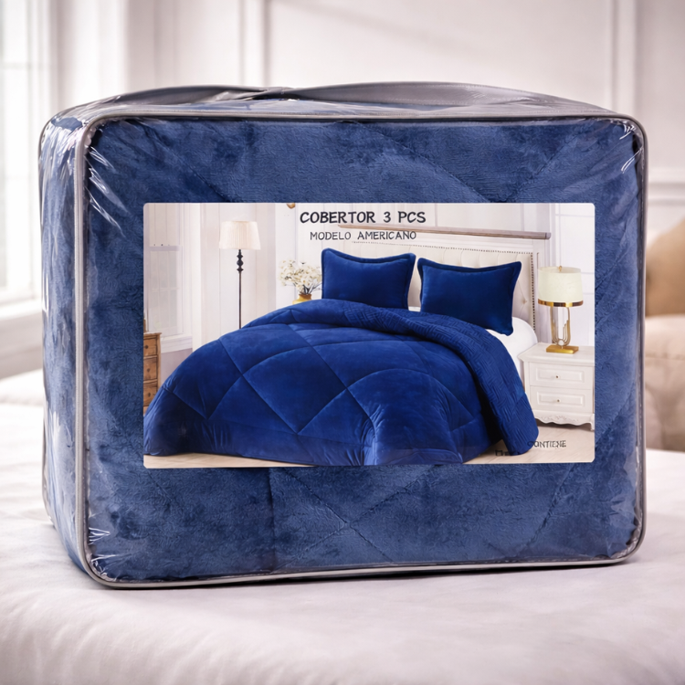 Cobertor azul y fundas premium de Enigma Store, muestra el conjunto de ropa de cama en tonos azules y textura suave