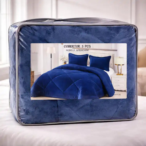 Cobertor azul y fundas premium de Enigma Store, muestra el conjunto de ropa de cama en tonos azules y textura suave