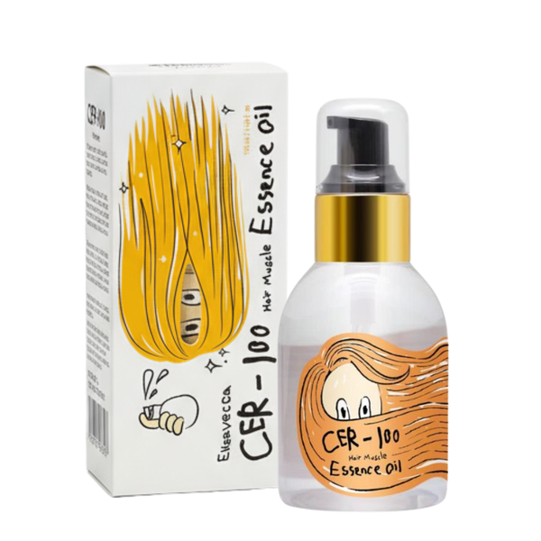 Aceite Elizavecca Cer-100 para cabello, 100ml, en botella transparente con gotero para cuidado capilar.