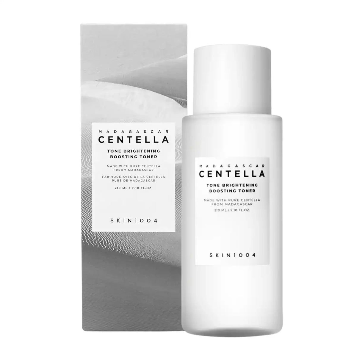 Tónico iluminador SKIN1004 Tone Brightening Boosting Toner en botella de 210ml, con ingredientes para piel radiante y revitalizada.