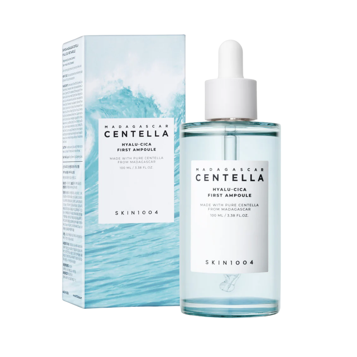 Ampolleta coreana SKIN1004 Hyalu-Cica First Ampoule de 100ml con envase transparente y gotero para cuidado de la piel.