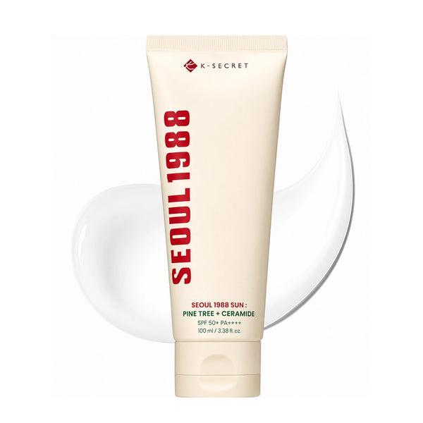 Crema facial K-SECRET Seoul 1988 Sun con árbol de pino y ceramidas, para cuidado de la piel coreano, en envase blanco con tapa.