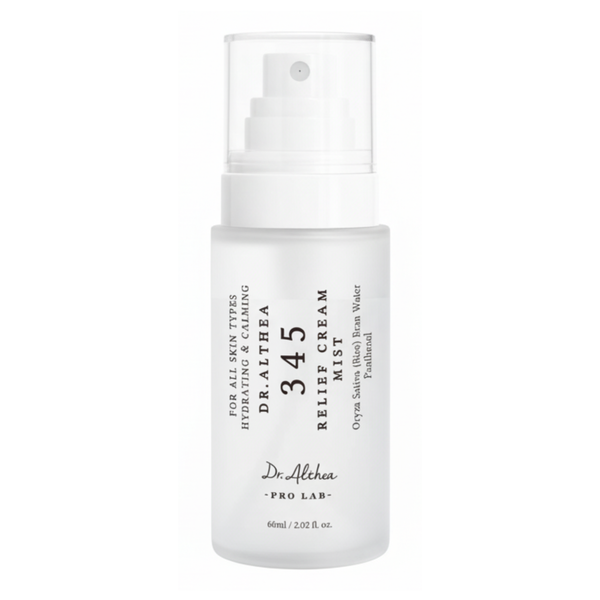 Spray facial de 60ml de la crema calmante Dr Althea Relief Cream Mist, en envase transparente con pulverizador.