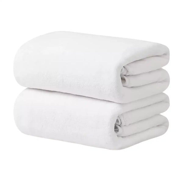 Dos toallas de baño grandes de microfibra blancas, tamaño 90x180 cm, con textura suave y absorbente.