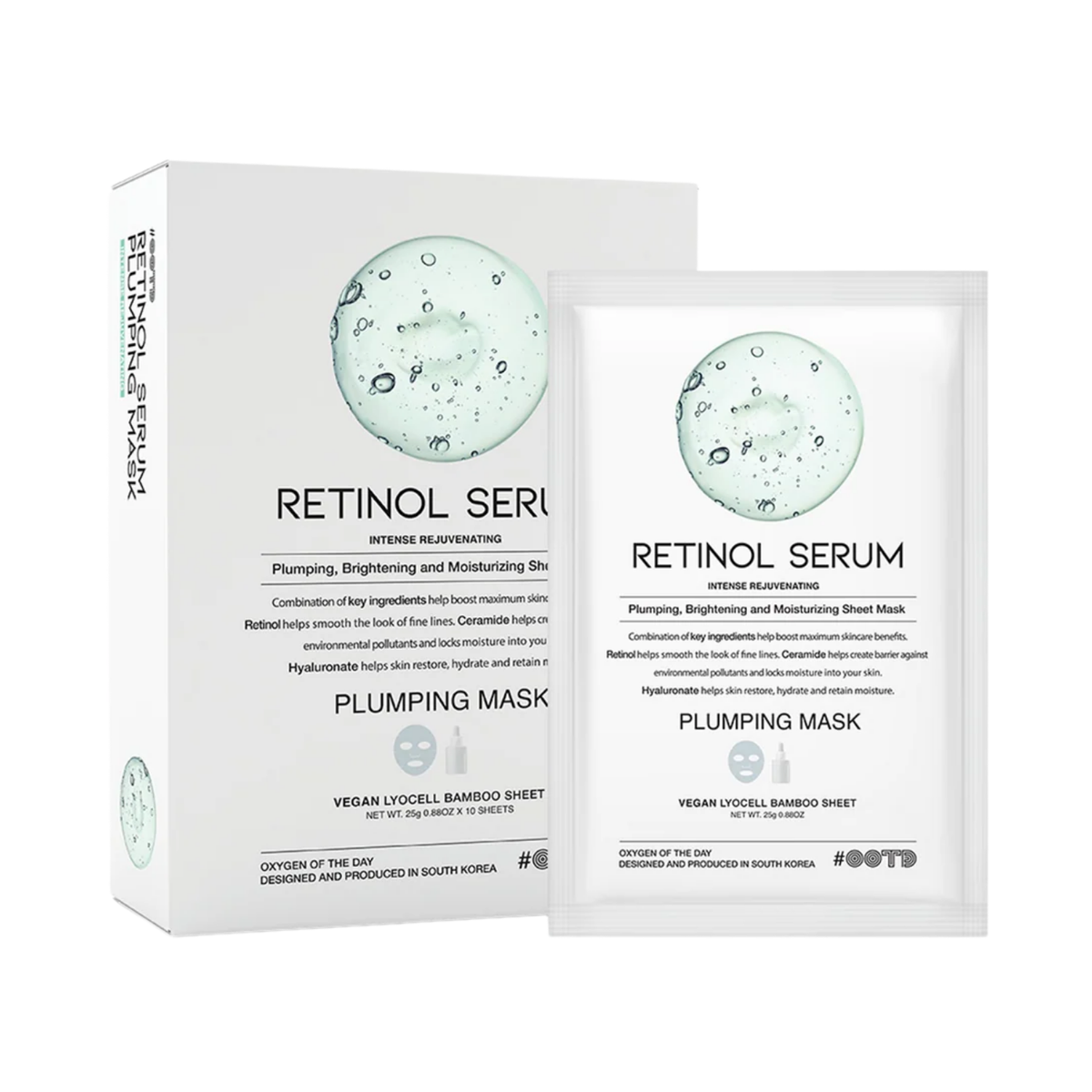 Máscara facial coreana OOTD Retinol Serum Plumping, con textura cremosa y efecto reafirmante en la piel.