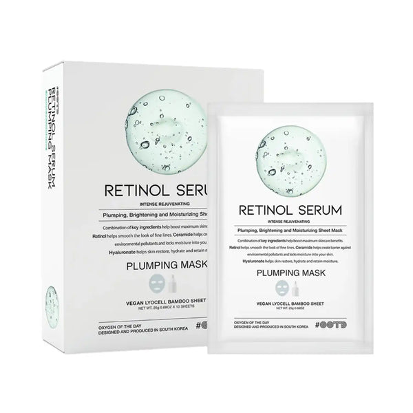 Máscara facial coreana OOTD Retinol Serum Plumping, con textura cremosa y efecto reafirmante en la piel.