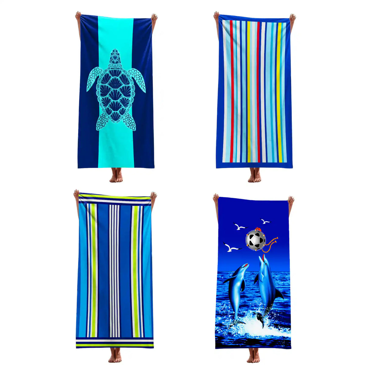 Juego de 4 toallas de playa de microfibra secado rápido, tamaño 70x140 cm, en color azul, para hombre.