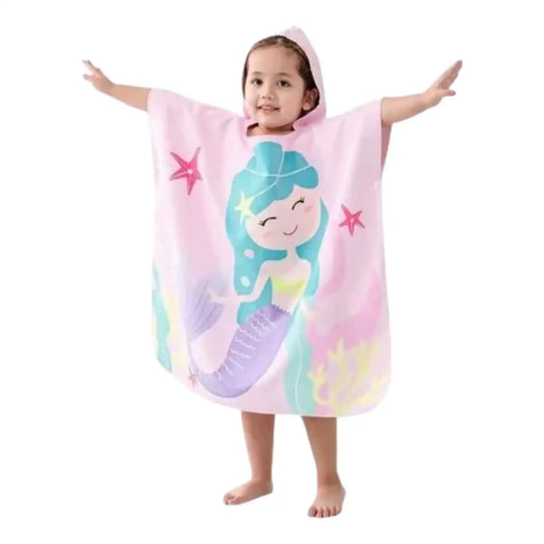 Toalla con capucha de playa para niña, tipo poncho de microfibra en colores brillantes, ideal para secar y abrigar en la playa.