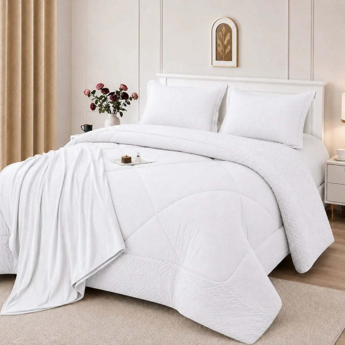 Conjunto de cobertor blanco para cama Queen de 7 piezas de Enigma Store, con mantas y fundas decorativas.
