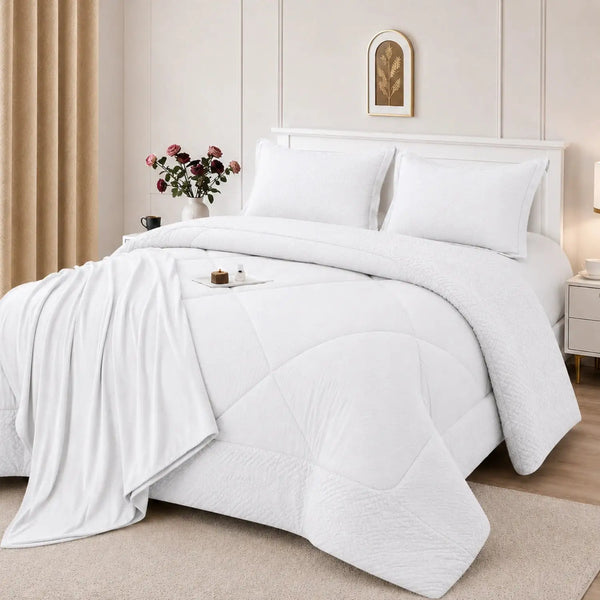 Conjunto de cobertor blanco para cama Queen de 7 piezas de Enigma Store, con mantas y fundas decorativas.
