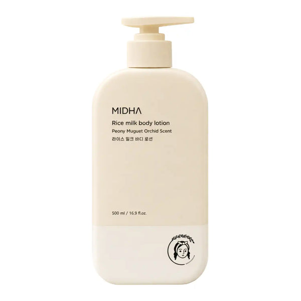 Loción corporal con leche de arroz MIDHA, crema hidratante coreana en frasco de 500 ml, con textura cremosa y suave.