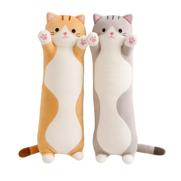Cojín almohada peluche de gato largo y suave, de 70 cm, en color gris, ideal para decorar y abrazar.