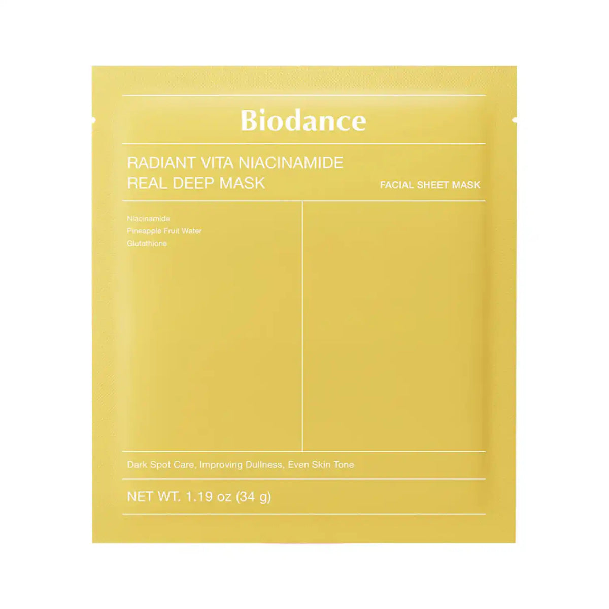 Mascarilla facial coreana BIODANCE Radiant Vita Niacinamide, crema envasada en tubo para cuidado de la piel radiante y nutritiva.
