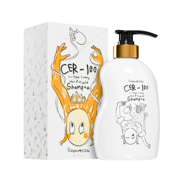 Champú para cabello Elizavecca CER-100 Collagen Hair A+ Muscle, botella de 500 ml con envase transparente y etiqueta blanca