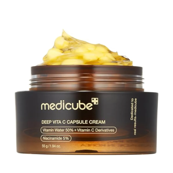 Crema coreana Medicube Deep Vita C en envase de 55g, con cápsulas para cuidado facial y antioxidantes para piel radiante