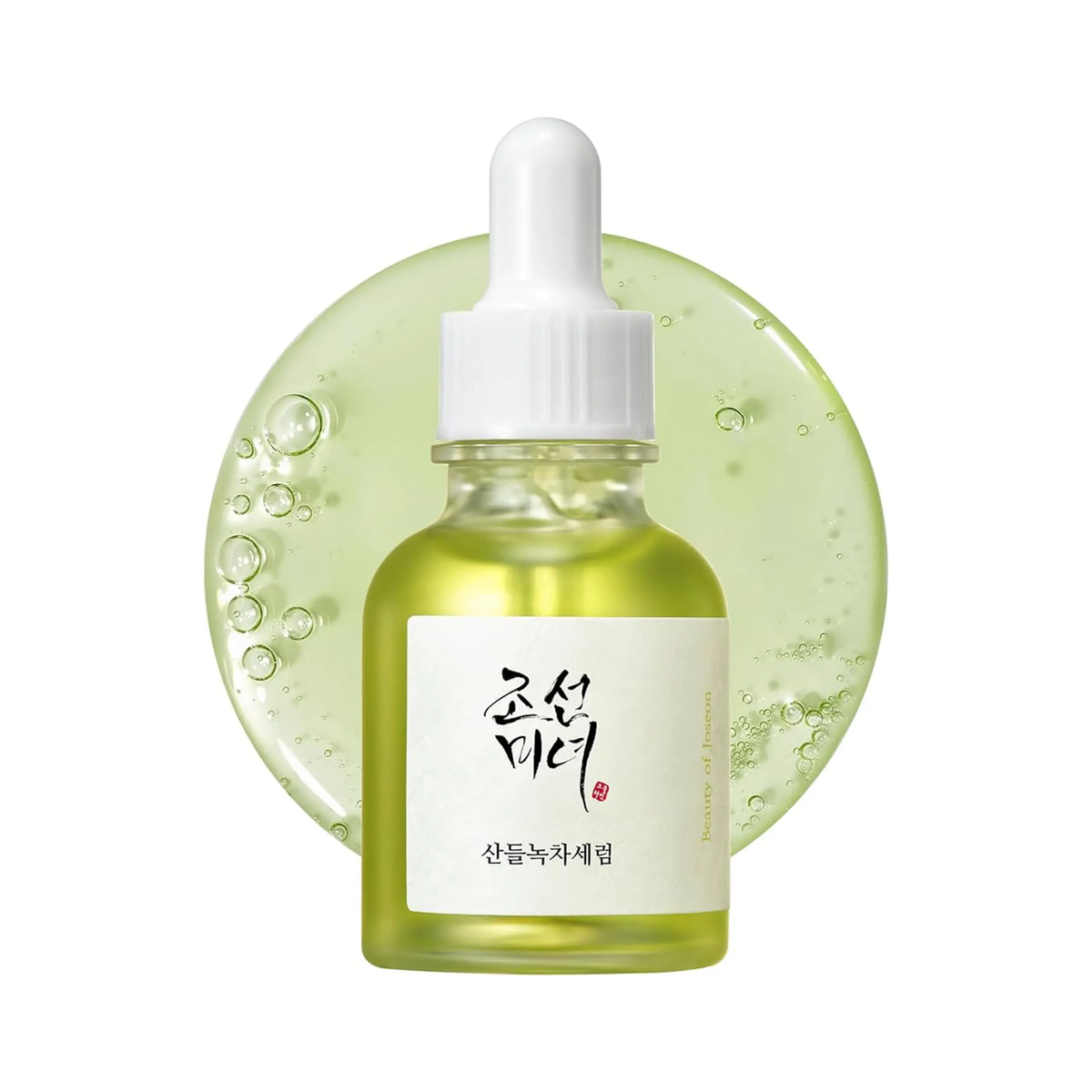Suero calmante Beauty of Joseon con té verde y panthenol en frasco de 30ml, con envase y textura del producto visible.