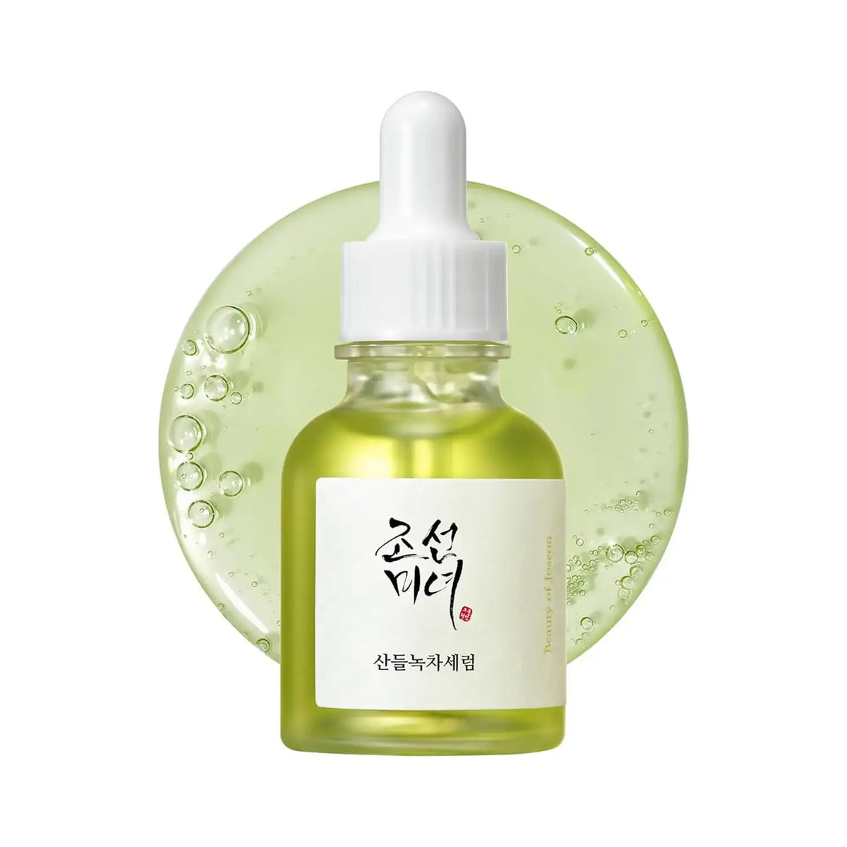 Suero calmante Beauty of Joseon con té verde y panthenol en frasco de 30ml, con envase y textura del producto visible.