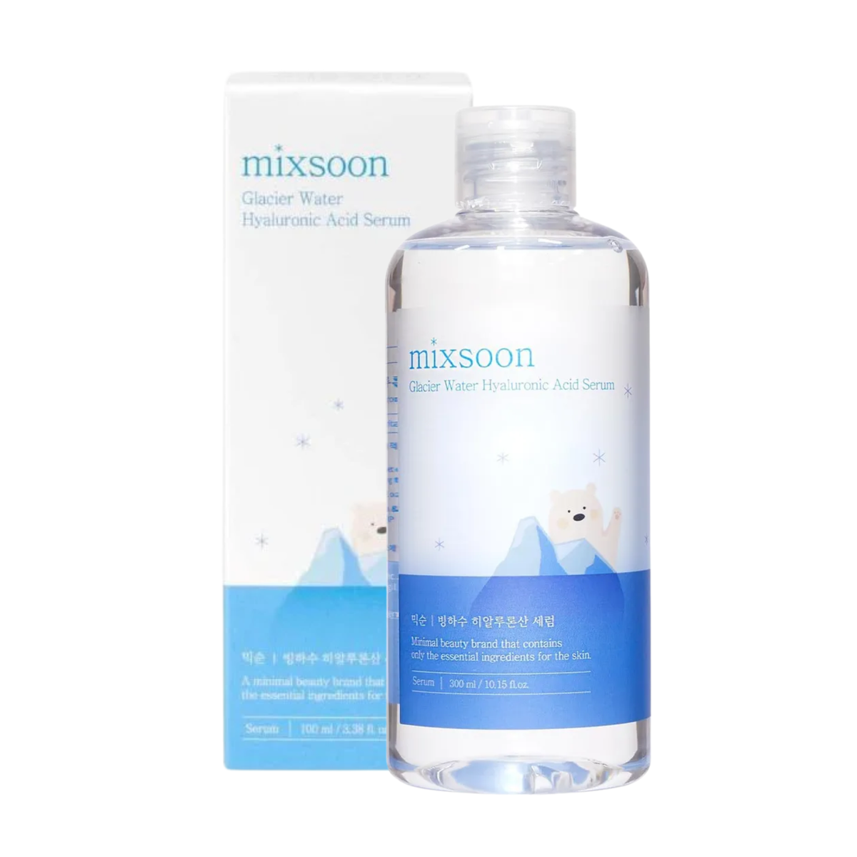 Suero de ácido hialurónico de 100ml de Mixsoon, en envase de vidrio con gotero, para hidratación profunda de la piel.
