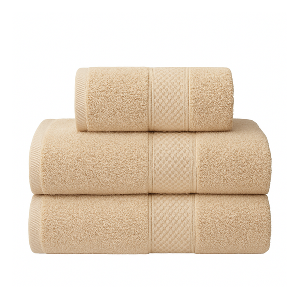 Set de 3 toallas de baño y mano Enigma Store, en colores suaves, con textura suave y absorbente para uso diario.