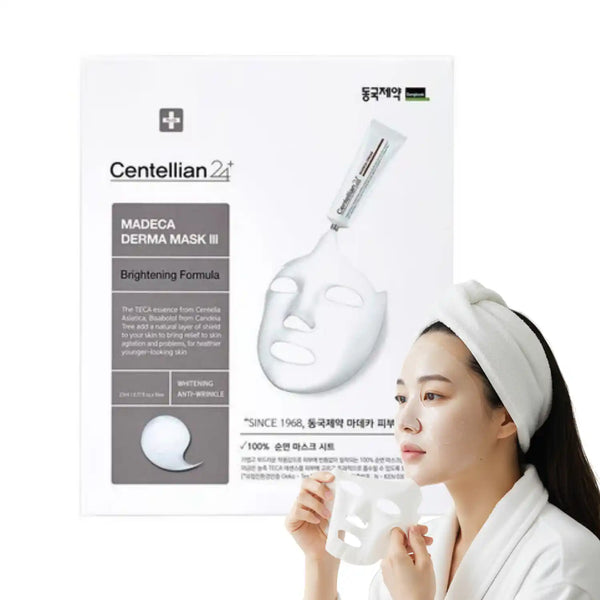 Mascarilla facial iluminadora de skincare coreano CENTELLIAN 24 Madeca Derma Mask para tono brillante y cuidado de la piel.