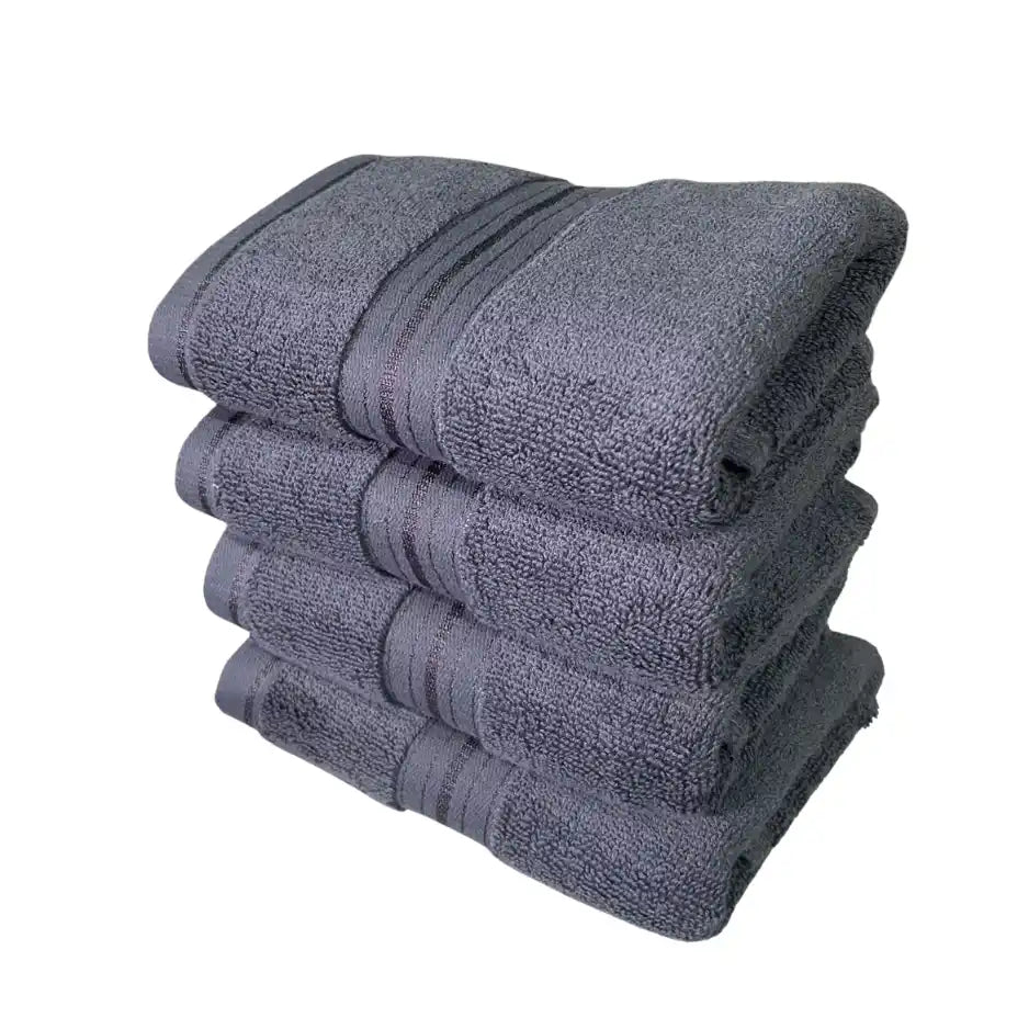 Pack de 4 toallas de algodón grafito de 130 g, ideales para hotel y spa, con textura suave y resistente.