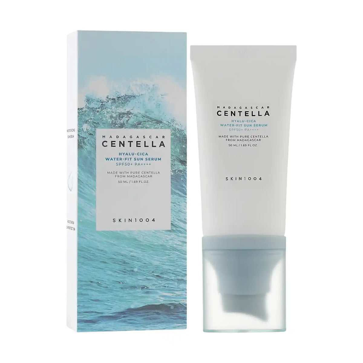 Suero solar hidratante SKIN1004 Hyalu-Cica Water-Fit Sun Serum en botella de 50 ml, con ingredientes coreanos para protección y cuidado de la piel