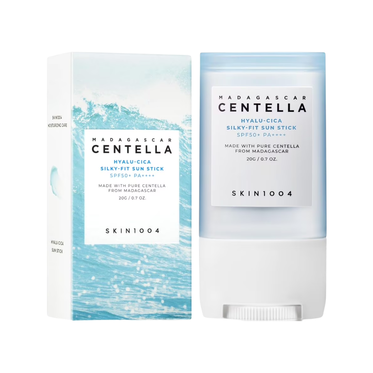 Protector solar SKIN1004 Hyalu-Cica Silky-fit Sun Stick 20g en envase compacto y portátil, con fórmula hidratante y calmante para la piel.