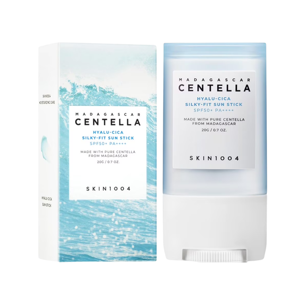 Protector solar SKIN1004 Hyalu-Cica Silky-fit Sun Stick 20g en envase compacto y portátil, con fórmula hidratante y calmante para la piel.