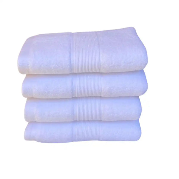 Set de 4 toallas blancas de algodón de 130 g, ideal para hotel y spa, con textura suave y aspecto limpio.