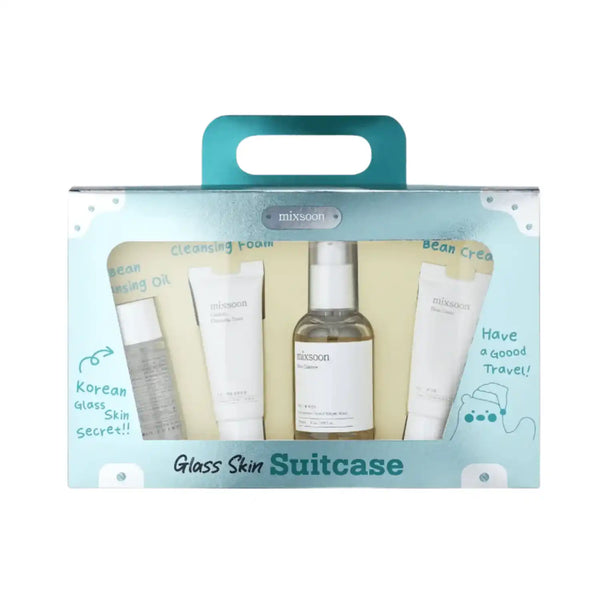 Maleta de vidrio para cuidado de la piel Mixsoon, estilo coreano, con diseño elegante y moderna para productos de belleza.