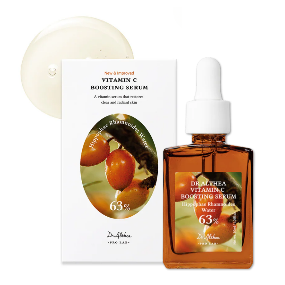 Suero de vitamina C Dr Althea, 30ml, en botella con gotero, para mejorar la luminosidad y la textura de la piel.