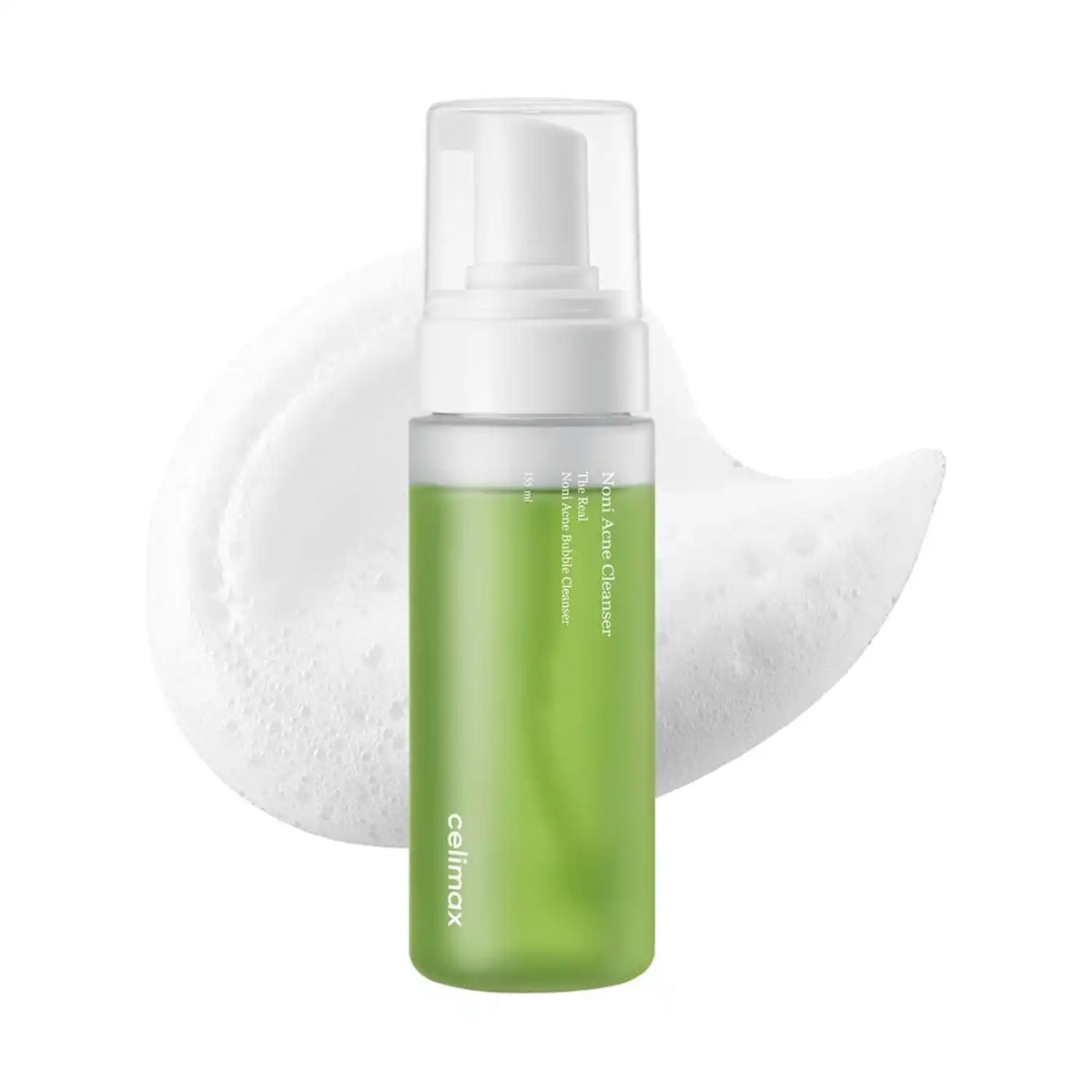 Gel limpiador facial coreano CELIMAX THE REAL NONI ACNE Bubble Cleanser 155ml en envase transparente con espuma y ingredientes naturales