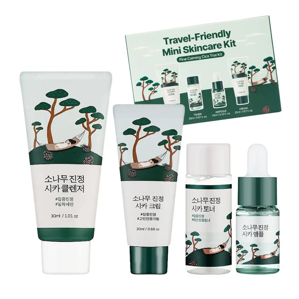 Kit de prueba de cuidado de la piel COREANO ROUND LAB Pine Calming Cica con frascos pequeños y productos para calmar la piel.