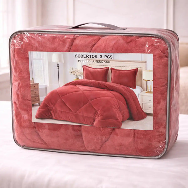 Cobertor burdeos y fundas premium de Enigma Store, muestra detalles de la textura suave y elegante en tonos rojos.