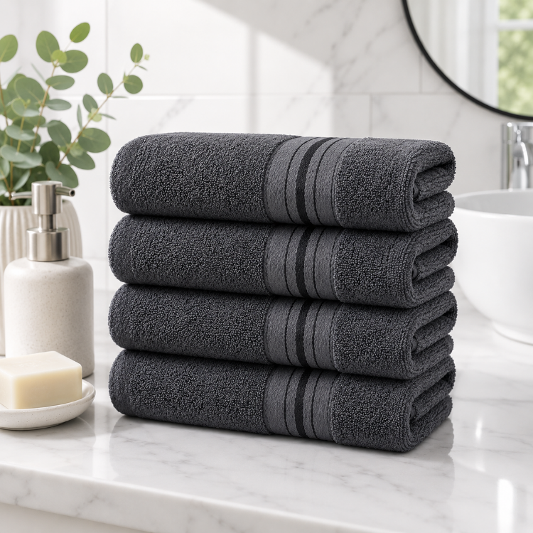 Set de 4 toallas de algodón grafito, 130 g, estilo hotel y spa, con textura suave y aspecto elegante en color gris oscuro.