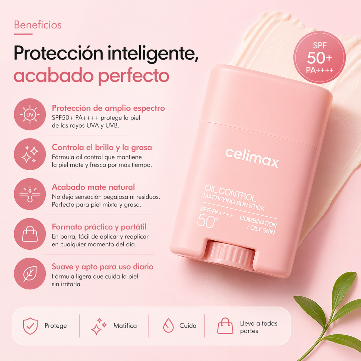 Bálsamo solar matificante CELIMAX Oil Control en stick de 19g, para control de grasa y protección solar facial.