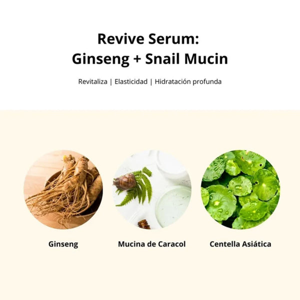 Suero coreano Beauty of Joseon Revive con ginseng y mucina de caracol en frasco de 30 ml, para cuidado facial.